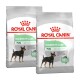 Deux sacs de Royal Canin Digestive Care pour mini races, présentant un chien noir et feu et des affirmations sur la qualité des selles.