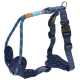 Blue padded dog harness with adjustable straps, black plastic buckle, metal ring, and a blue rope with a brown tag.