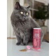 Graue Katze sitzt neben einem pinken KatKare-Behälter mit der Aufschrift 'Urinary Topping', daneben Messlöffel und Pulver.