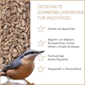 Gehäutete Sonnenblumenkerne für Wildvögel mit Vogelbild und deutschem Text, der Qualität und Beliebtheit hervorhebt.