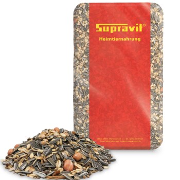 Tüte Supravit Heimtiernahrung mit Nahaufnahme von gemischten Samen und Körnern.