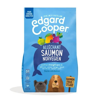 Sac de nourriture pour chien Edgard Cooper bleu avec saumon norvégien, fruits, légumes, et "Sans céréales" et "Saumon frais ! Zéro farine de saumon."