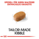 Trockenfutter für Malteser mit dem Text "TAILOR-MADE KIBBLE" und "SPEZIELL FÜR IHREN MALTESE ENTWICKELTE KROKETTE" darüber.