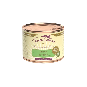 Puszka karmy dla psów Terra Canis na jasnym żółtym tle, z różowym konturem psa, oznaczona "Rind mit Karotte, Apfel & Naturreis."