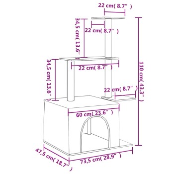 Katzenspielbaum-Diagramm mit in Zentimetern und Zoll beschrifteten Abmessungen, mit mehreren Ebenen, einem gemütlichen Versteck und einem Kratzbaum.