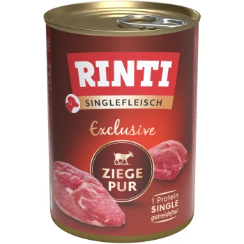 Dosenfutter für Haustiere mit der Aufschrift "RINTI Exclusive Ziege Pur", das Ziegenfleisch enthält, mit Text, der "1 Protein SINGLE" und "getreidefrei" angibt.