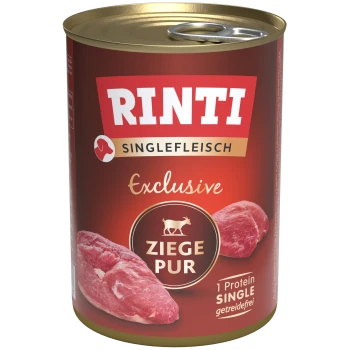 Dosenfutter für Haustiere mit der Aufschrift "RINTI Exclusive Ziege Pur", das Ziegenfleisch enthält, mit Text, der "1 Protein SINGLE" und "getreidefrei" angibt.