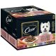 Cesar Hundefutter-Variationen-Packung mit einem lächelnden weißen Hund, mit 24 x 100g Beuteln in Sauce, einschließlich Rind, Huhn, Lamm und Truthahn.