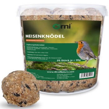 Durchsichtige Plastikdose mit Orni Meisenknödeln (Vogelfettbällchen) mit Sonnenblumenkernen, Rotkehlchen auf dem Etikett, Text 'MEISENKNÖDEL' und '25 Stück je 95 g'.