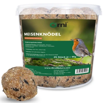 Durchsichtige Plastikdose mit Orni Meisenknödeln (Vogelfettbällchen) mit Sonnenblumenkernen, Rotkehlchen auf dem Etikett, Text 'MEISENKNÖDEL' und '25 Stück je 95 g'.