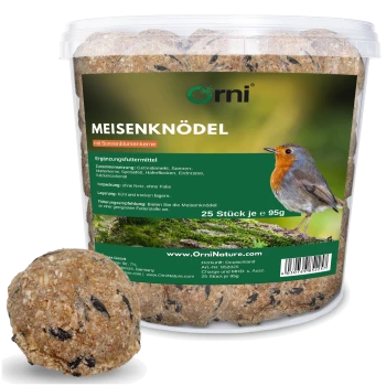 Durchsichtige Plastikdose mit Orni Meisenknödeln (Vogelfettbällchen) mit Sonnenblumenkernen, Rotkehlchen auf dem Etikett, Text 'MEISENKNÖDEL' und '25 Stück je 95 g'.