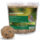Durchsichtige Plastikdose mit Orni Meisenknödeln (Vogelfettbällchen) mit Sonnenblumenkernen, Rotkehlchen auf dem Etikett, Text 'MEISENKNÖDEL' und '25 Stück je 95 g'.