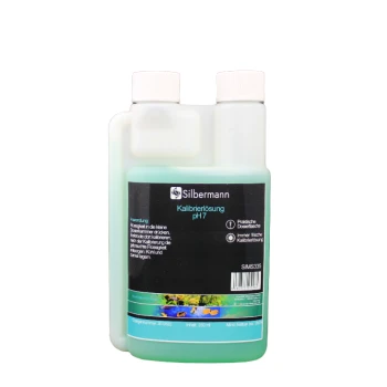 Flasche mit Silbermann-Kalibrierlösung pH 7, 250 ml, mit einem schwarzen Etikett, das die Anwendungshinweise und Produktinformationen detailliert.