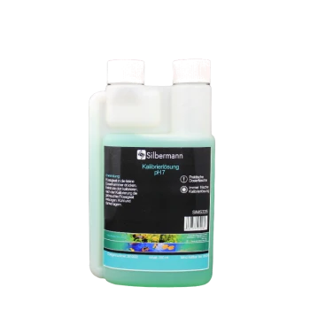 Flasche mit Silbermann-Kalibrierlösung pH 7, 250 ml, mit einem schwarzen Etikett, das die Anwendungshinweise und Produktinformationen detailliert.