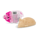 Mäuseförmiger Haustiersnack neben einem rosa Folienbecher mit der Aufschrift 'Lucky You', Barcode und '2,8 g' sichtbar.