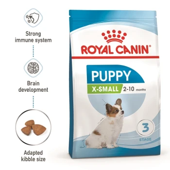 Royal Canin X-Small Puppy food bag with a puppy illustration, promoting immune support, brain development, and small kibble size.