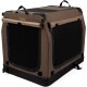 Tragbare Haustierbox aus braunem Stoff mit schwarzen Netzpaneelen, ausgestattet mit Griffen und Reißverschlüssen für einfachen Zugang.