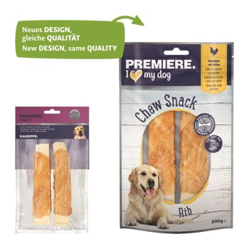 Kau-Snacks für Hunde, bestehend aus zwei ribbenförmigen Leckereien mit Huhn, in neuem Verpackungsdesign. Text hebt "Neues DESIGN, gleiche QUALITÄT" hervor.