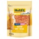 Gelbe Haustierfutterverpackung mit einer verspielten orangefarbenen Katze und Hühnersnacks. Text: "MultiFit naturelle," "SNACKS JUNIOR," "Huhn mit Käse."