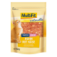 Gele huisdiervoeding verpakking met een speelse oranje kat en kip snacks. Tekst: 'MultiFit naturelle,' 'SNACKS JUNIOR,' 'Huhn mit Käse.'