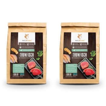 Premium-Hundefutterbeutel mit Thunfisch, Süßkartoffel und Brokkoli, mit der Aufschrift "THUNFISCH" und Nährwertangaben sowie einem Nettogewicht von 2 kg.