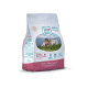 Swiss Natural Adult Mini Hundefutter, 1 kg, 72 % Huhn, Foto einer Person mit einem Hund, Slogan 'Smell it. Taste it. Love it!'