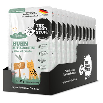 Displaybox mit Beuteln 'The Good Stuff' Katzenfutter mit der Aufschrift 'Huhn mit Zucchini (Chicken with Zucchini)' und illustrierter orangefarbener Katze