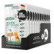 Displaybox mit Beuteln 'The Good Stuff' Katzenfutter mit der Aufschrift 'Huhn mit Zucchini (Chicken with Zucchini)' und illustrierter orangefarbener Katze