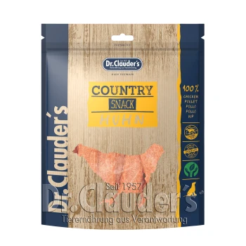 Verpackung von Dr. Clauder's Country Snack Huhn mit einem Holz-Hintergrund, der '100% Huhn' und 'High Premium' hervorhebt.