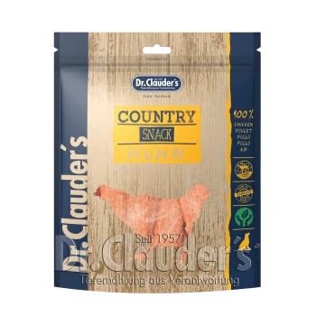 Verpackung von Dr. Clauder's Country Snack Huhn mit einem Holz-Hintergrund, der '100% Huhn' und 'High Premium' hervorhebt.