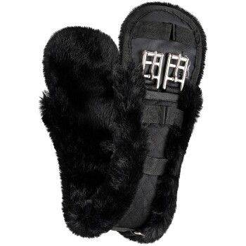 Schwarze Haustierhandschuhe mit einem weichen Kunstfellfutter und verstellbaren Riemen für einen sicheren Sitz, entworfen für Wärme und Komfort.