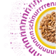 Feuchtes Tierfutter in einer Schüssel mit gelbem Rand mit deutschem Text 'Unser perfektes Versprechen' — Vitamine, Taurin, 90% tierisches Protein.