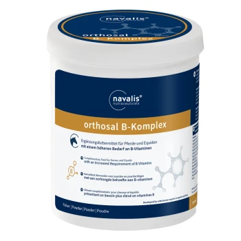 Behälter mit navalis orthosal B-Komplex, einem Nahrungsergänzungsmittel für Pferde und Equiden, das den erhöhten Bedarf an B-Vitaminen hervorhebt.