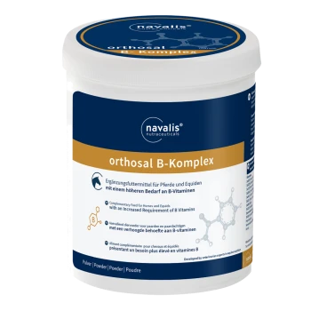 Behälter mit navalis orthosal B-Komplex, einem Nahrungsergänzungsmittel für Pferde und Equiden, das den erhöhten Bedarf an B-Vitaminen hervorhebt.
