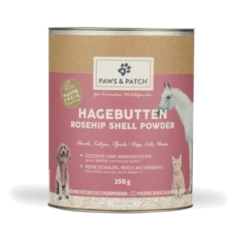 Dose Paws & Patch Hagebutten-Schalenpulver, 250 g, rosa Etikett mit Hund, Katze und Pferd und 'Plastik Frei'-Siegel.