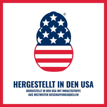 US-Flaggen-Pfotenlogo über deutschem Text 'HERGESTELLT IN DEN USA' und einer kleineren Zeile über weltweit bezogene Zutaten.