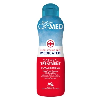 Medicated shampoo bottle labeled "TropiClean OxyMed Oatmeal Treatment," designed to soothe itching and treat skin conditions.