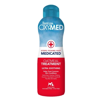 Medicated shampoo bottle labeled "TropiClean OxyMed Oatmeal Treatment," designed to soothe itching and treat skin conditions.