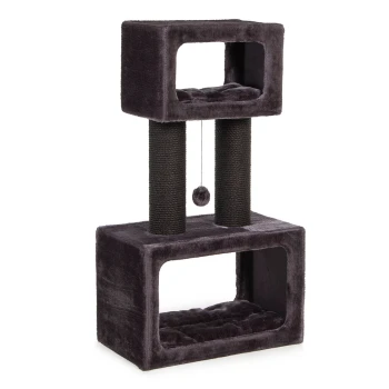 Ein plüschiger, zweistufiger Katzenbaum in Dunkelgrau mit zwei würfelförmigen Ruhebereichen, zwei mit Sisal umwickelten Kratzpfosten und einem baumelnden Pom-Pom-Spielzeug.