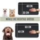 Schwarze Tiermatte mit den Abmessungen 48x30 CM und 60x40 CM, mit glücklichen Hund- und Katzenköpfen. Text: "Wähle die richtige Größe."