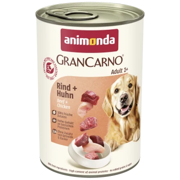 Dose Animonda GranCarno Adult 1+ Hundefutter mit Rind und Huhn, zeigt einen glücklichen Golden Retriever und eine Futterschale.