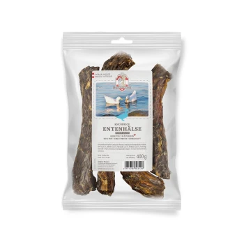 Knusprige Entenhälse in einer 400g Verpackung, mit einem Etikett mit dem Text 'Knusprige Entenhälse' und Bildern von Enten im Wasser.