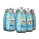 Sechs SmoothieDog „Pool Pawty“-Flaschen mit Strand-Hund-Maskottchen; aufgedruckte Texte „SMOOTHIEDOG“ und „KANINCHEN“.