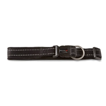 Schwarzes Nylon-Hundehalsband mit reflektierender weißer Naht, Kunststoffschnalle mit der Aufschrift WOLTERS und rotem Quadrat sowie Metall-D-Ring