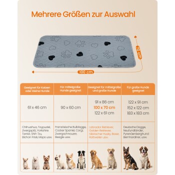 Graue, gesteppte Haustiermatte mit Pfoten- und Herzaufdrucken, Größe 100 × 70 cm; deutscher Header 'Mehrere Größen zur Auswahl'.