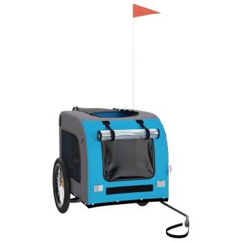 Blauer und grauer Haustieranhänger mit einem Netzfenster, zwei Rädern und einer Sicherheitsflagge oben, entworfen für den Transport von Haustieren.