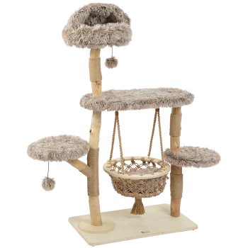 Beiger Plüsch-Kratzbaum mit mehreren Plattformen, einem hängenden Bommelspielzeug und einer gewebten Hängematte auf einem Holzsockel.