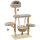 Arbre à chat beige en peluche avec plusieurs plateformes, un jouet pompon suspendu et un hamac tissé sur une base en bois.