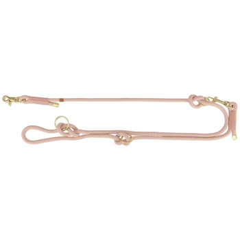 Eine pinke Hundeleine mit goldenen Beschlägen, mit einem geflochtenen Design und mehreren Befestigungspunkten für Vielseitigkeit.