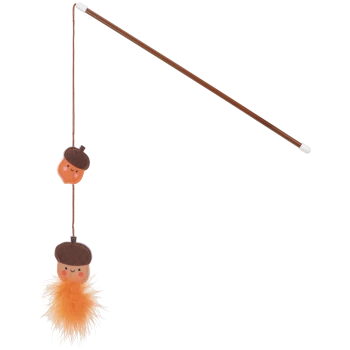 Brown cat teaser wand with two smiling acorn plushes on a string and an orange feathery tuft.